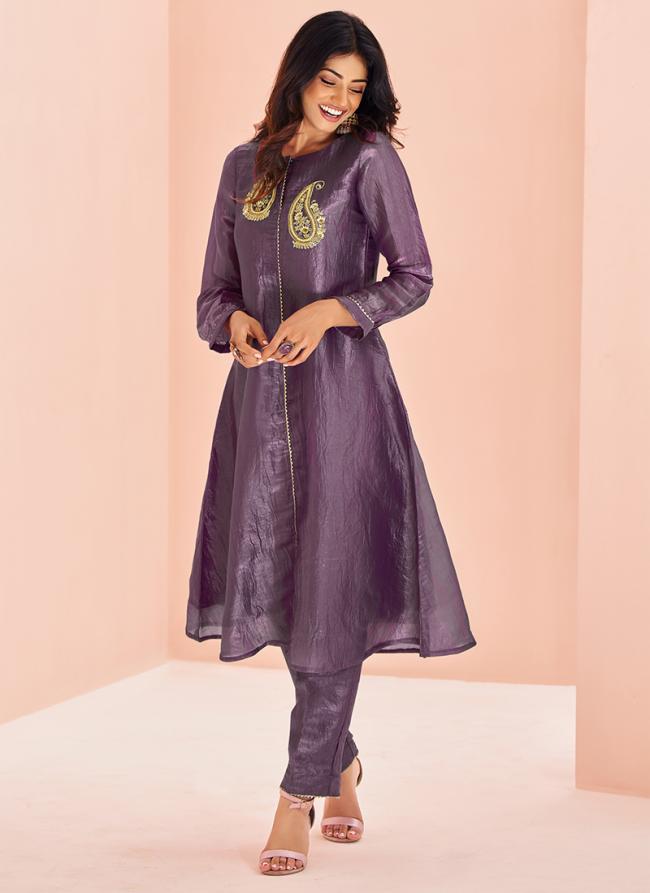 Organza Purple Party Wear Hand Work Readymade Kurti With Pant